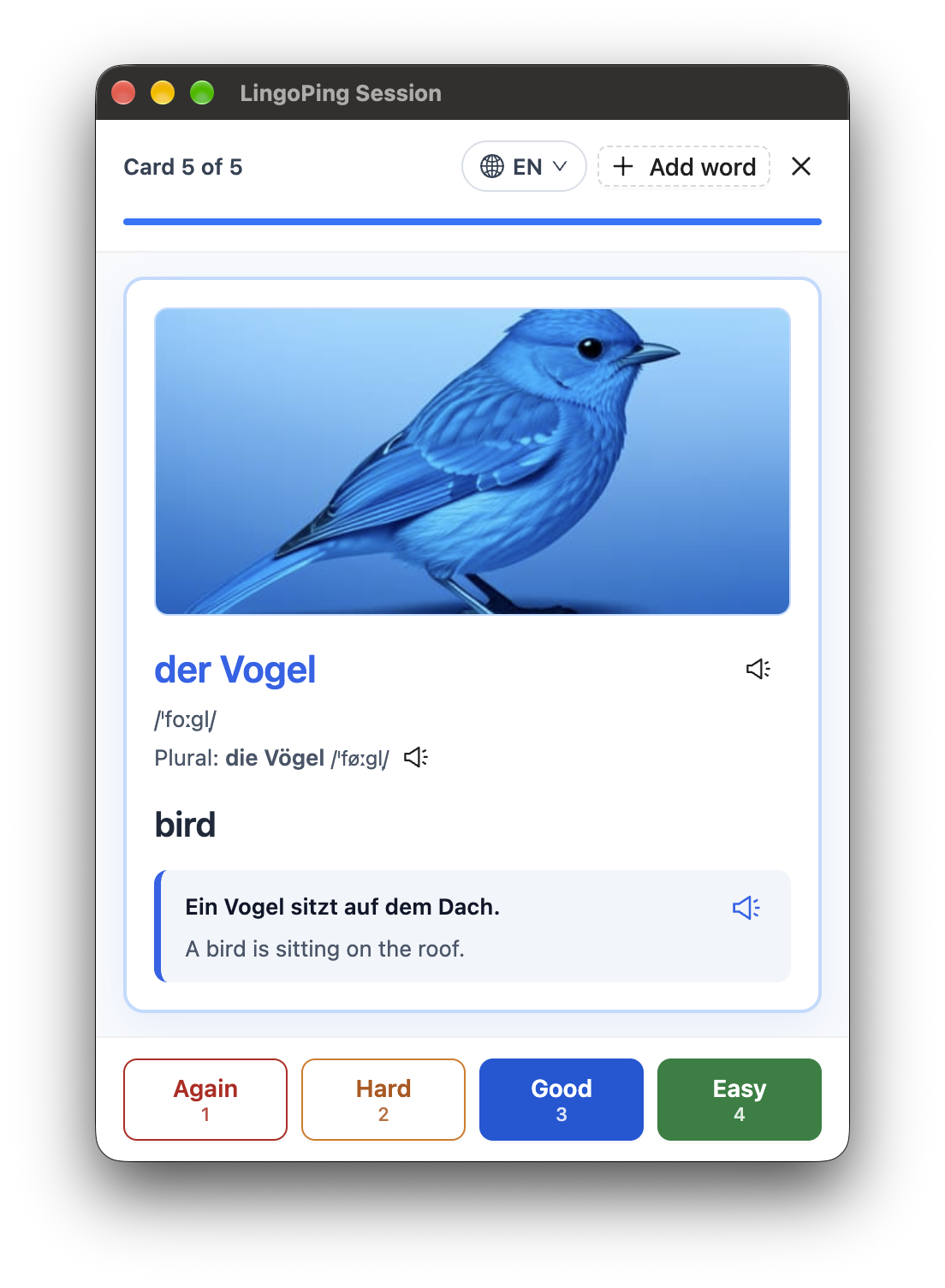 A LingoPing card: der Vogel, with a picture, the plural die Vögel, the meaning bird and an example sentence